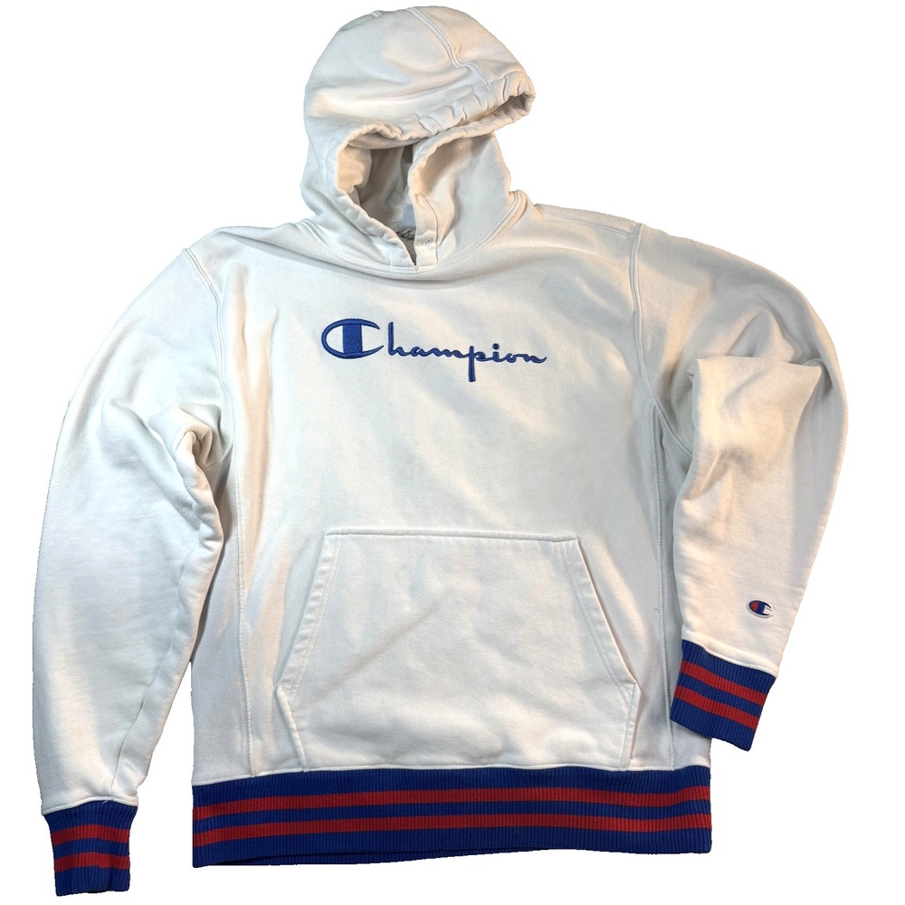Champion Reverse Weave Y2K Hoodie Mens M White Fleece Pullover Red White Blue
